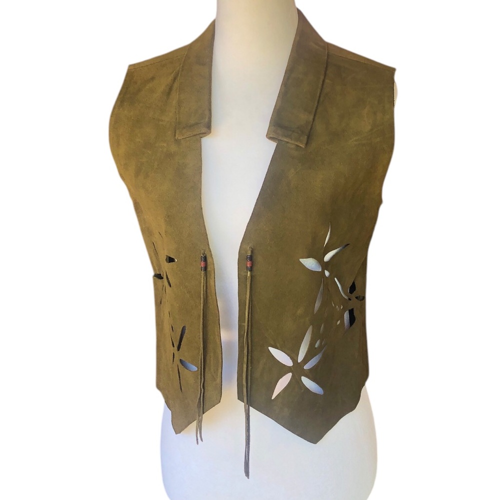 Vintage Army Green Suede Vest Fringe Detail and Flower cut outs